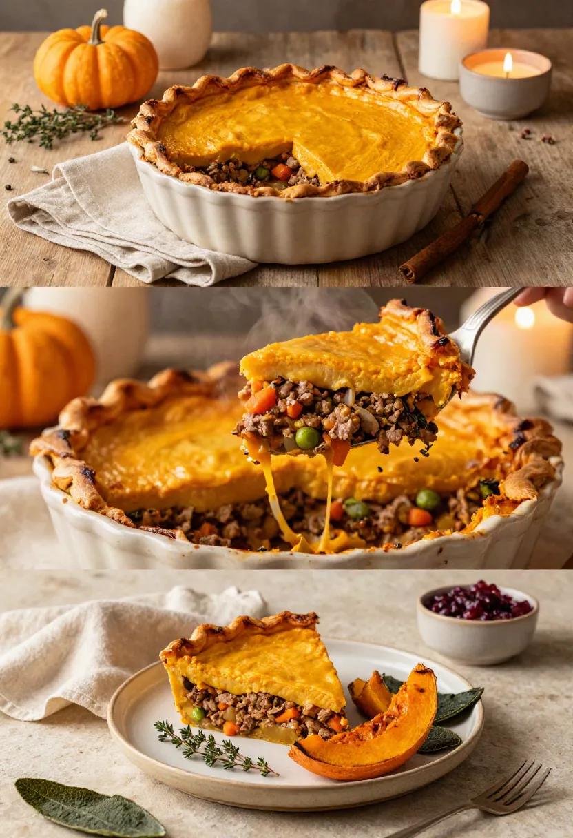 Savory pumpkin pot pie with meat and veggie filling in a fluted crust, on a wooden table with pumpkins and candles.