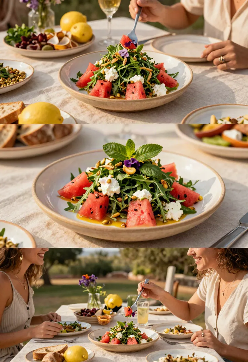 Colorful watermelon arugula salad beautifully served at a summer gathering with elegant restaurant-style presentation.
