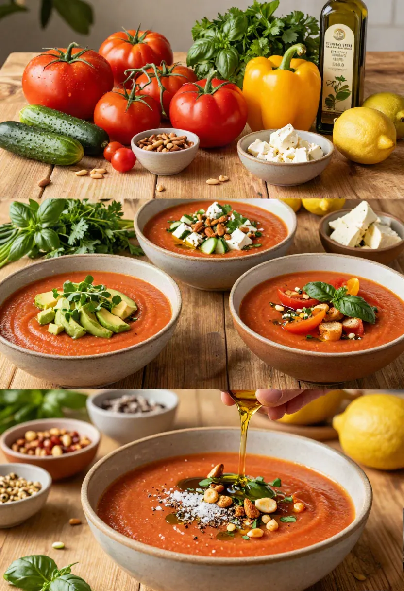 A three-frame collage showing creative ways to customize authentic gazpacho with seasonal vegetables, herbs, cheeses, nuts, and fresh Mediterranean toppings.