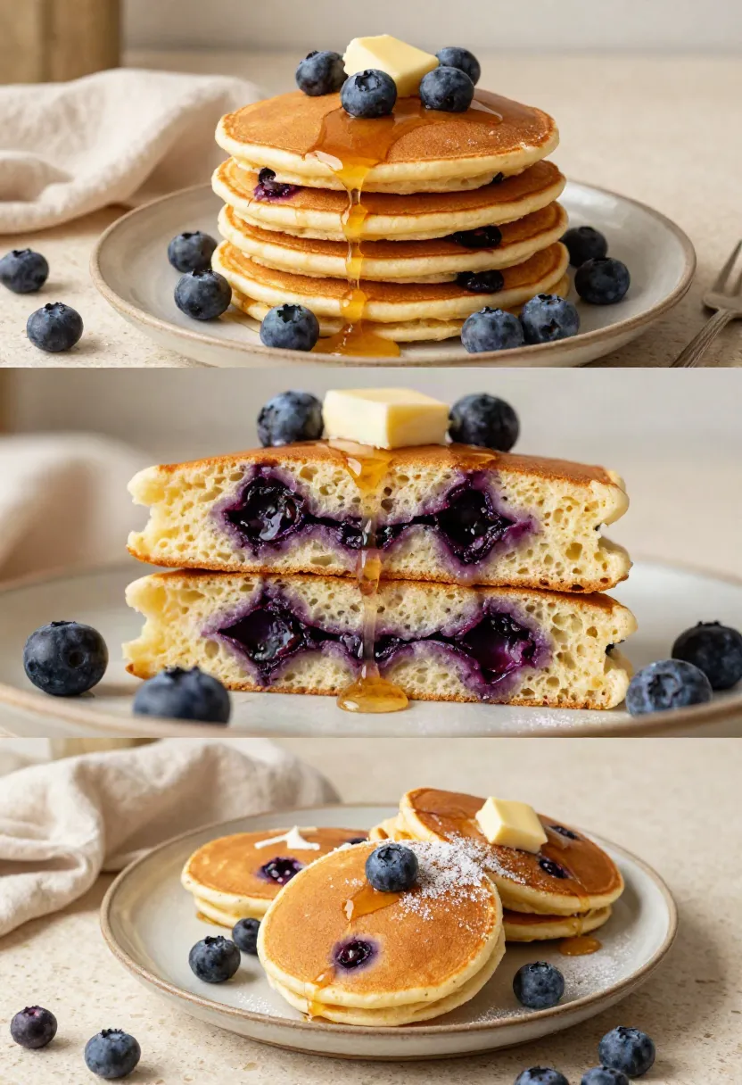Stack of fluffy pancakes topped with blueberries, a pat of butter, and maple syrup on a beige plate.