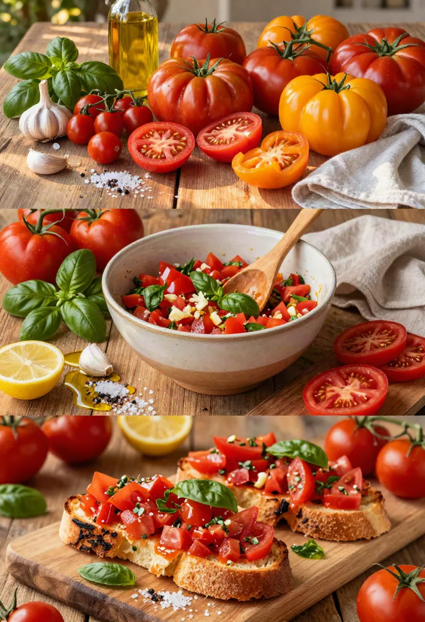 Three-stage collage showing fresh tomatoes, homemade bruschetta topping, and toasted bread topped with basil and olive oil.