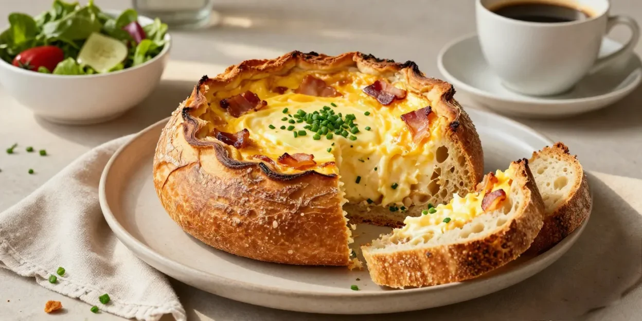 Main image: Sourdough breakfast quiche filled with creamy eggs, Gruyère, chives, and caramelized bacon.