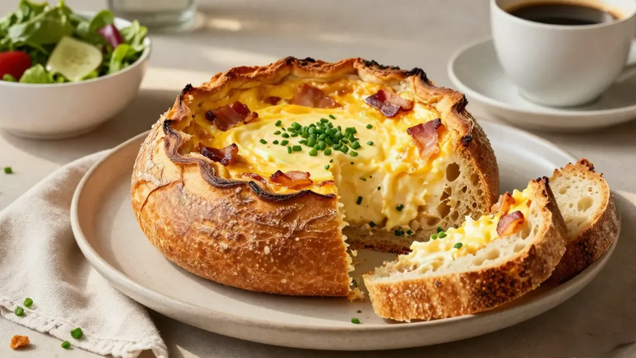 Main image: Sourdough breakfast quiche filled with creamy eggs, Gruyère, chives, and caramelized bacon.