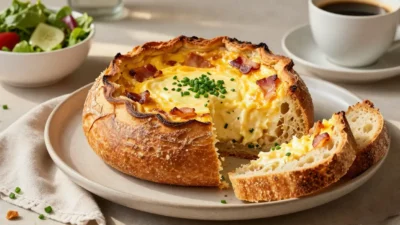 Main image: Sourdough breakfast quiche filled with creamy eggs, Gruyère, chives, and caramelized bacon.