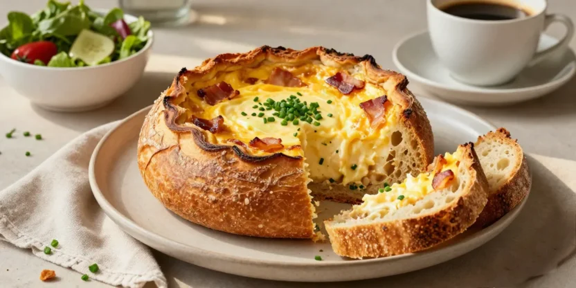 Main image: Sourdough breakfast quiche filled with creamy eggs, Gruyère, chives, and caramelized bacon.