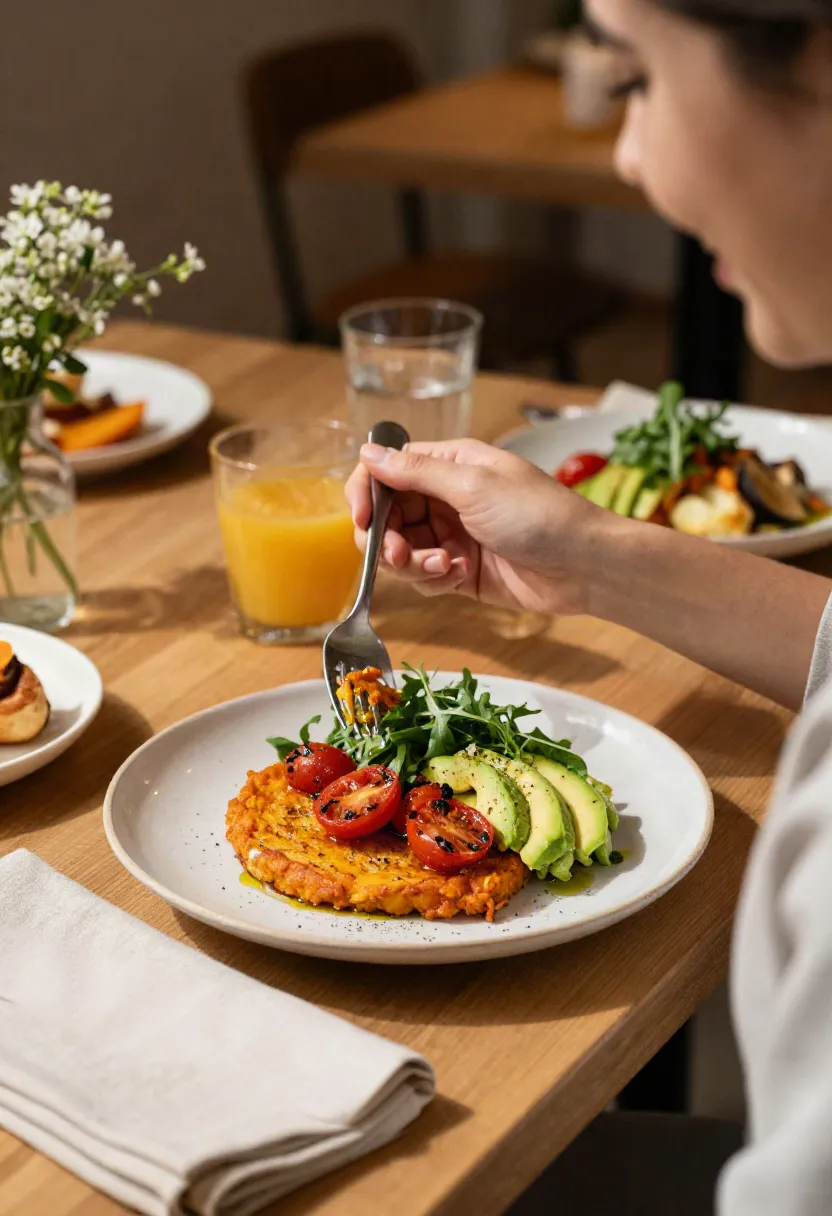 Plate with a veggie patty topped with cherry tomatoes, avocado slices, and greens on a wooden table.