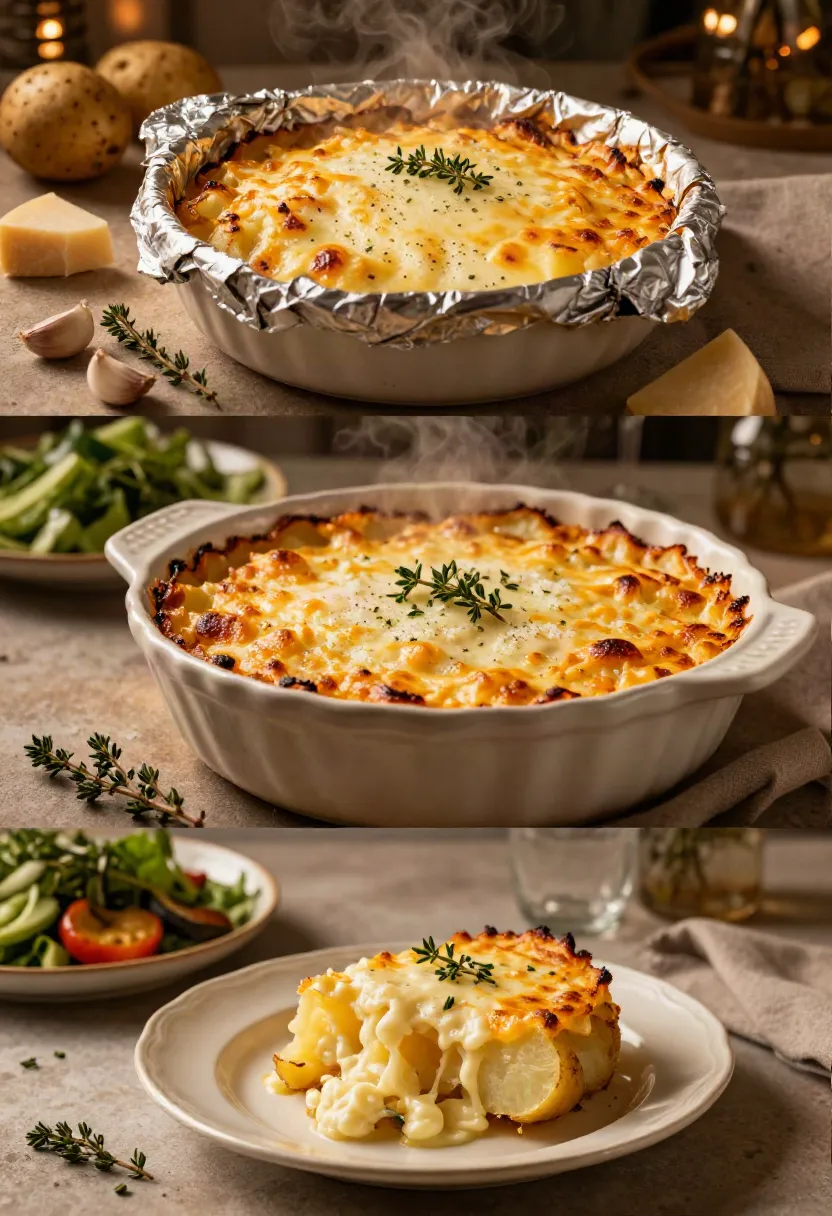 Layering the potatoes: Thin Yukon Gold potato slices layered with creamy garlic sauce, cheddar, Parmesan, and thyme.