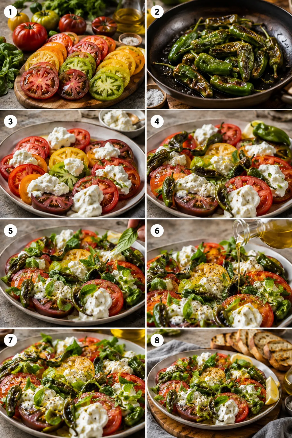 Vertical step-by-step collage showing the complete process of preparing heirloom tomato salad, from slicing colorful tomatoes and blistering Padrón peppers to assembling the salad and serving it with grilled sourdough.