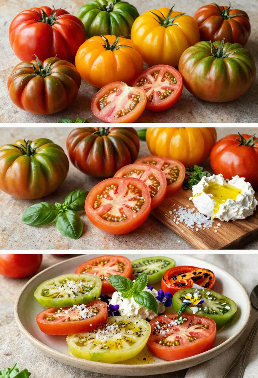 Three-frame collage featuring colorful heirloom tomatoes, selecting and slicing fresh tomatoes, and a vibrant restaurant-style heirloom tomato salad with goat's curd and Padrón peppers.