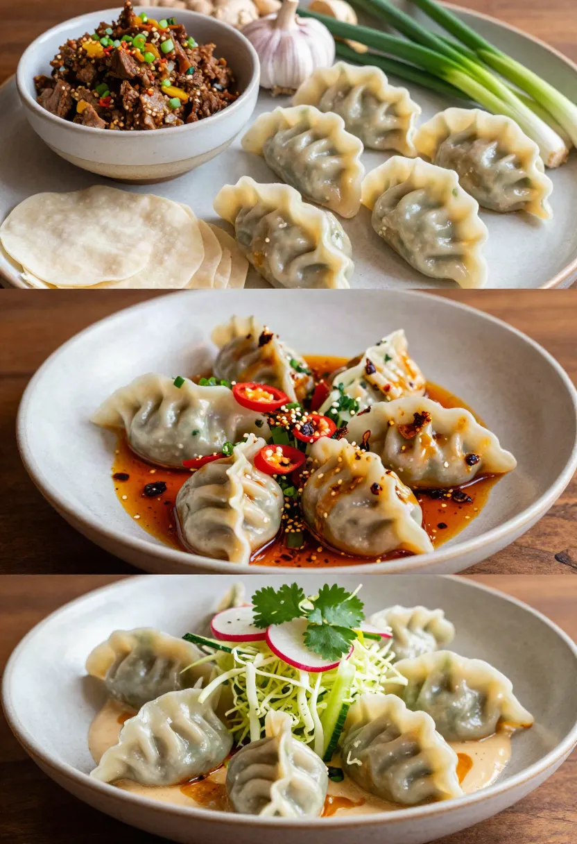 Three variations of lamb dumplings with fresh herbs, spicy chilli, cucumber, cabbage, and radishes.