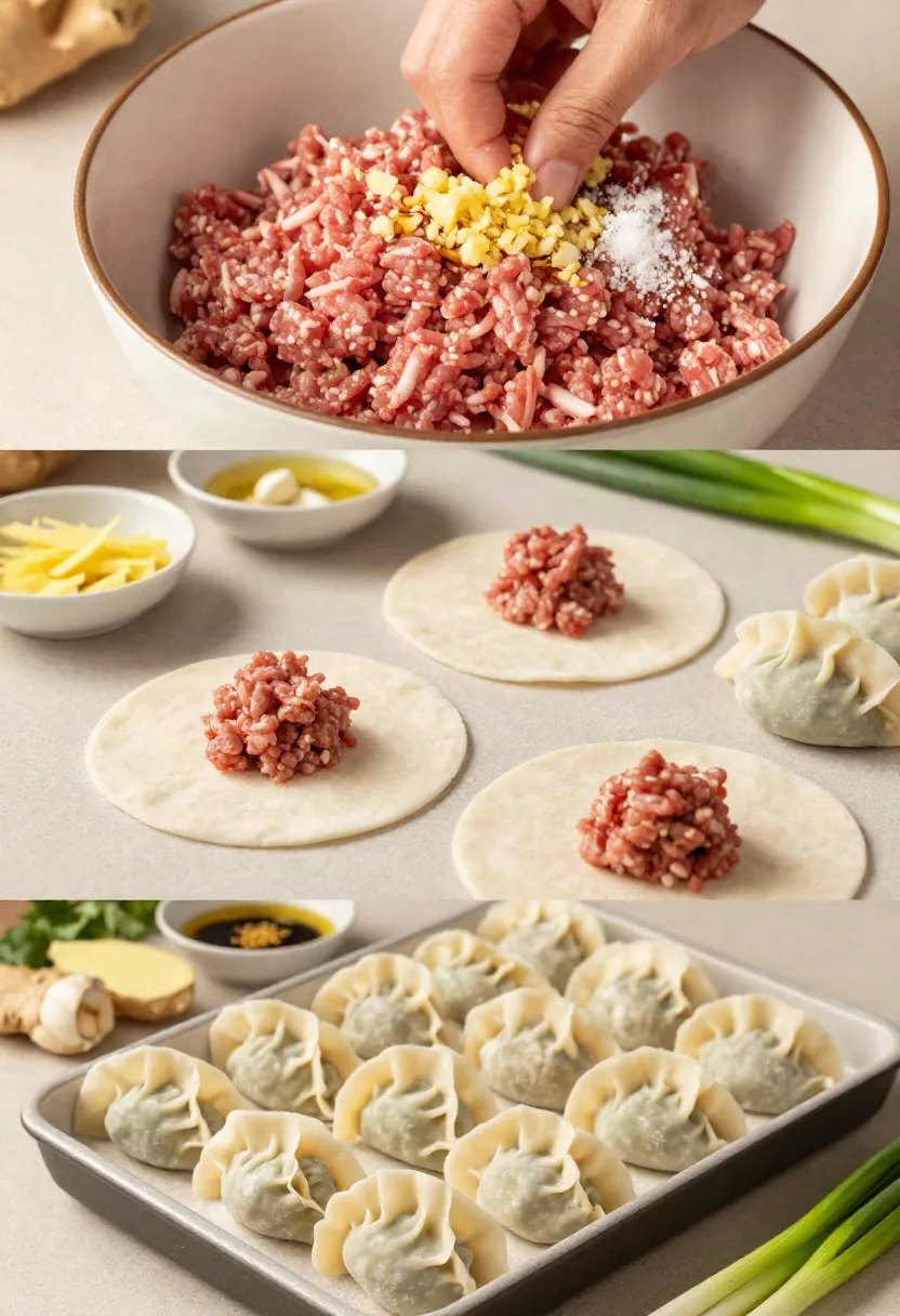 Lamb dumpling filling with garlic, ginger, sesame oil, and fresh herbs being prepared before wrapping.
