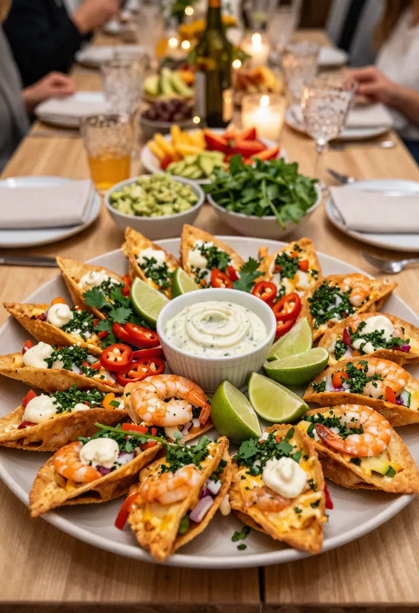 Platter of shrimp tacos arranged in a circle with lime wedges, cilantro, and a central creamy dipping sauce on a wooden table.