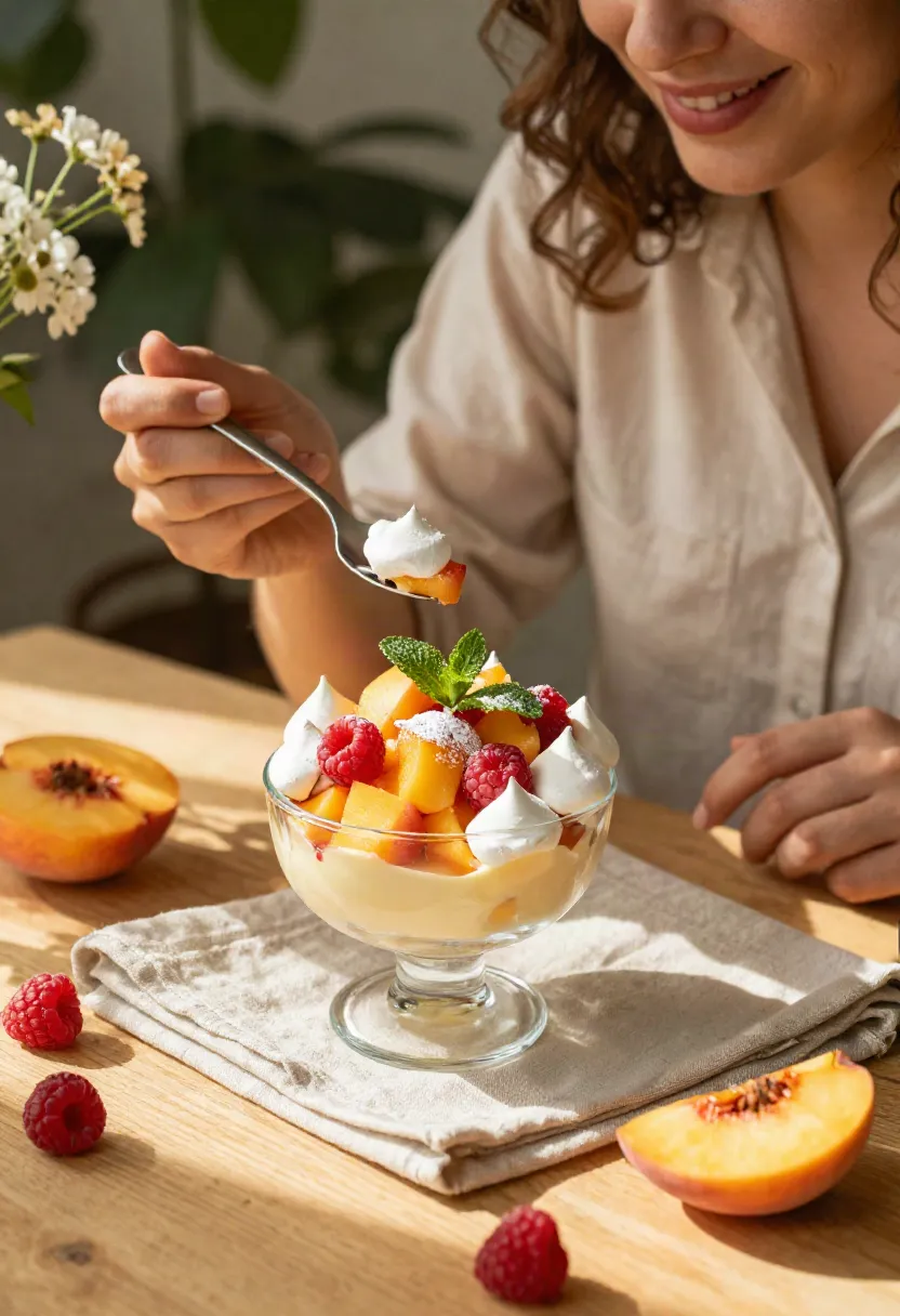 A person enjoying a beautifully presented peach and raspberry Eton Mess with vanilla custard, fresh fruit, and crisp meringue.