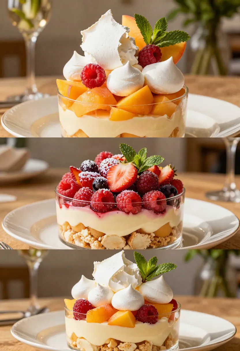 Three different peach and raspberry Eton Mess variations with peaches, berries, creamy custard, and crisp meringue.