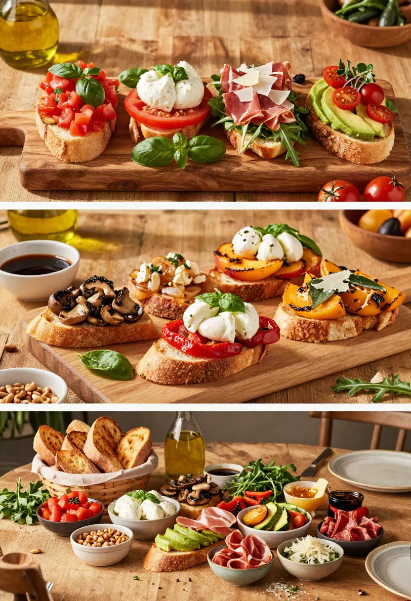 Assorted tapas on wooden boards: bruschetta, burrata, prosciutto, avocado crostini, and greens.