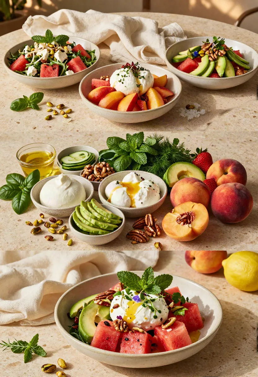 Three creative watermelon arugula salad variations featuring seasonal fruit, creamy cheeses, crunchy nuts, and fresh herbs.
