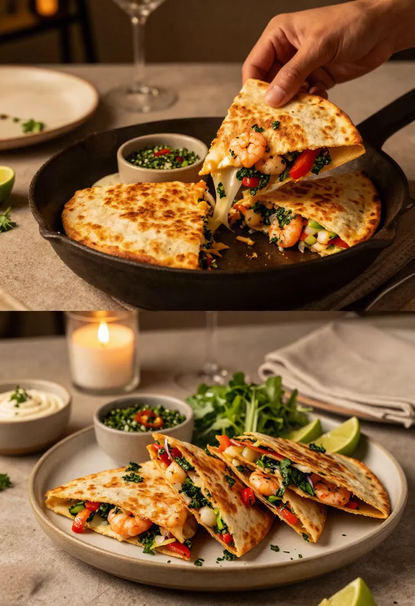 Freshly prepared prawn quesadillas with chipotle crema, lime, coriander, and colourful toppings ready for dinner.