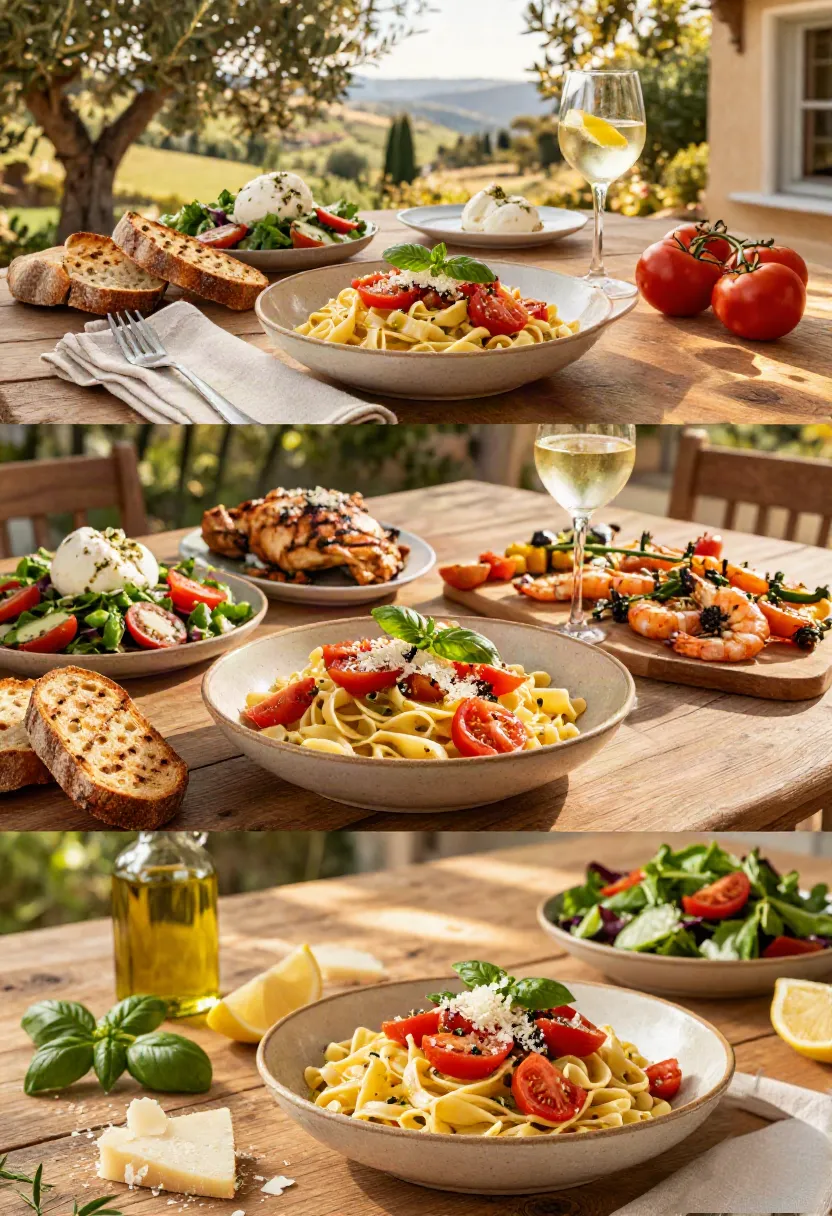 Bruschetta pasta served as a fresh summer meal with salads, artisan bread, burrata, and Mediterranean-style side dishes.