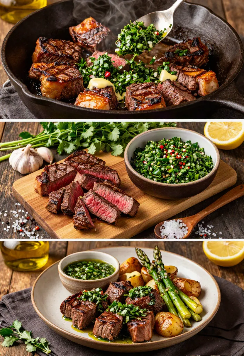 Three-panel collage: top shows a cast-iron skillet with seared steak chunks and a spoonful of chopped herb chimichurri, releasing steam; middle features sliced steak on a wooden board with a bowl of herb sauce and lemon nearby; bottom plate presents steak cubes with asparagus, roasted potatoes, and a green herb sauce.