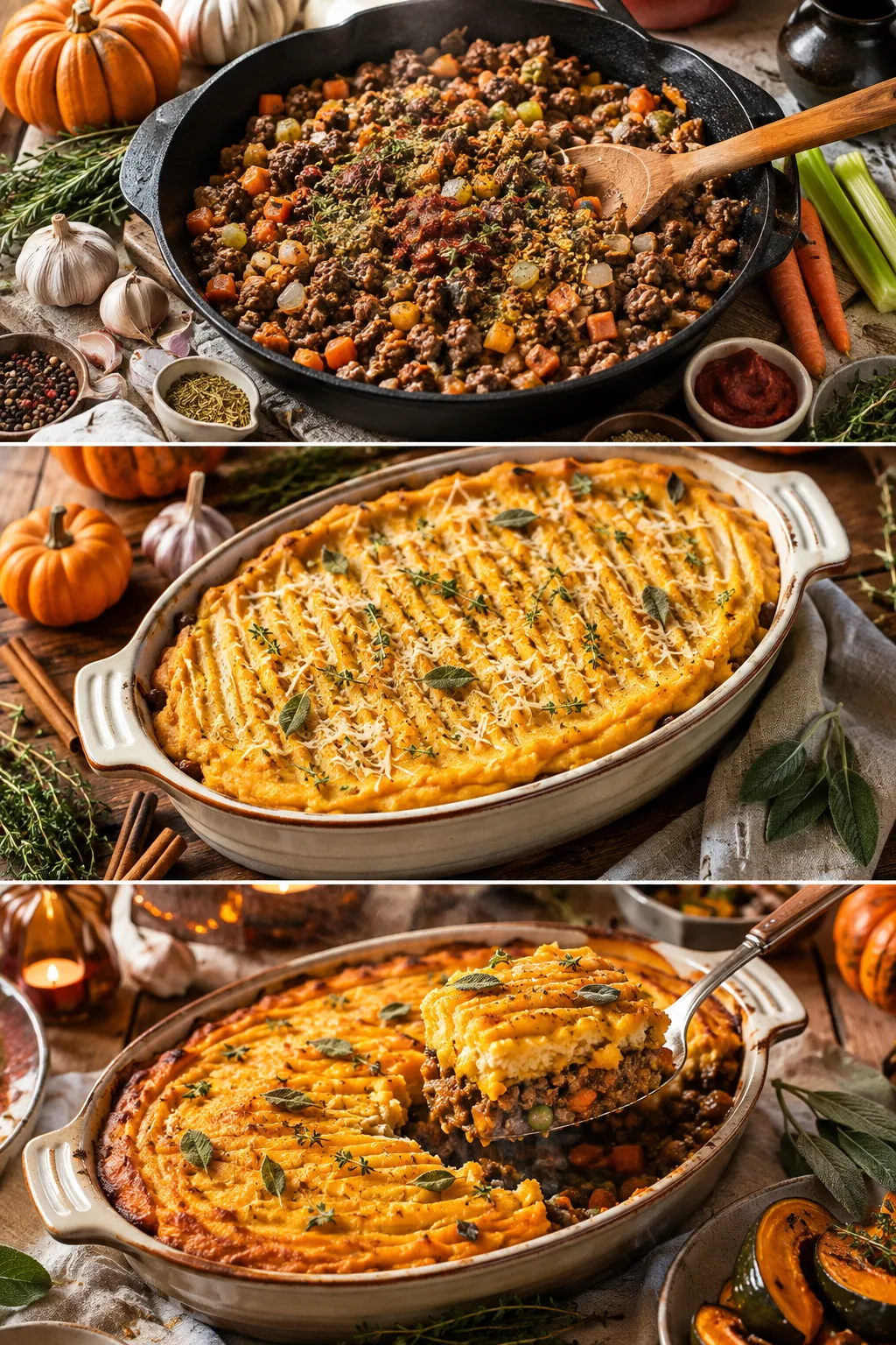 Spiced pumpkin shepherd's pie shown from savory filling to a golden baked casserole in a detailed three-step cooking collage.