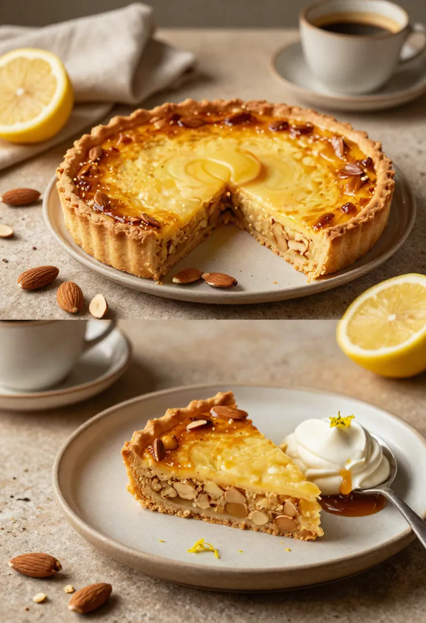 Dense golden almond tart slice served with dark lemon caramel, whipped sour cream, and toasted almonds.