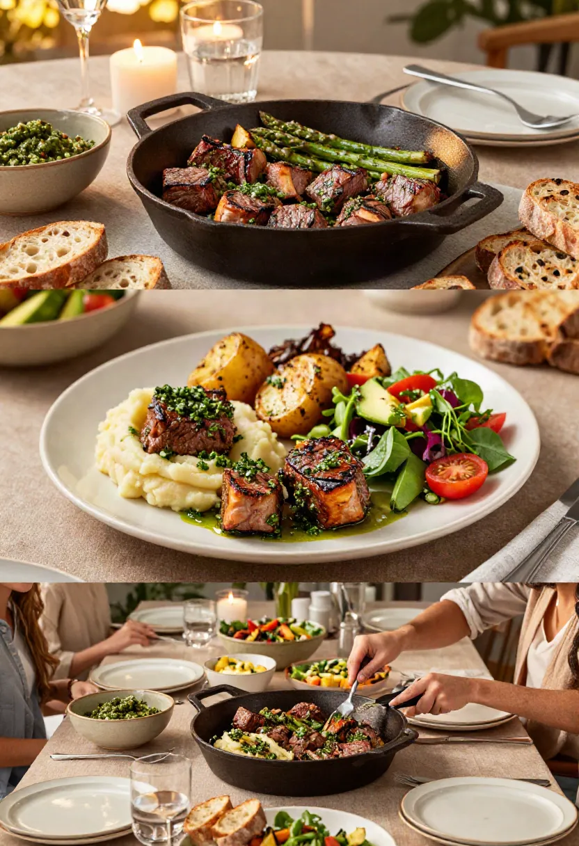 Three-step collage showing chimichurri preparation, steak bites searing in garlic butter, and the finished steak served with fresh herb sauce.