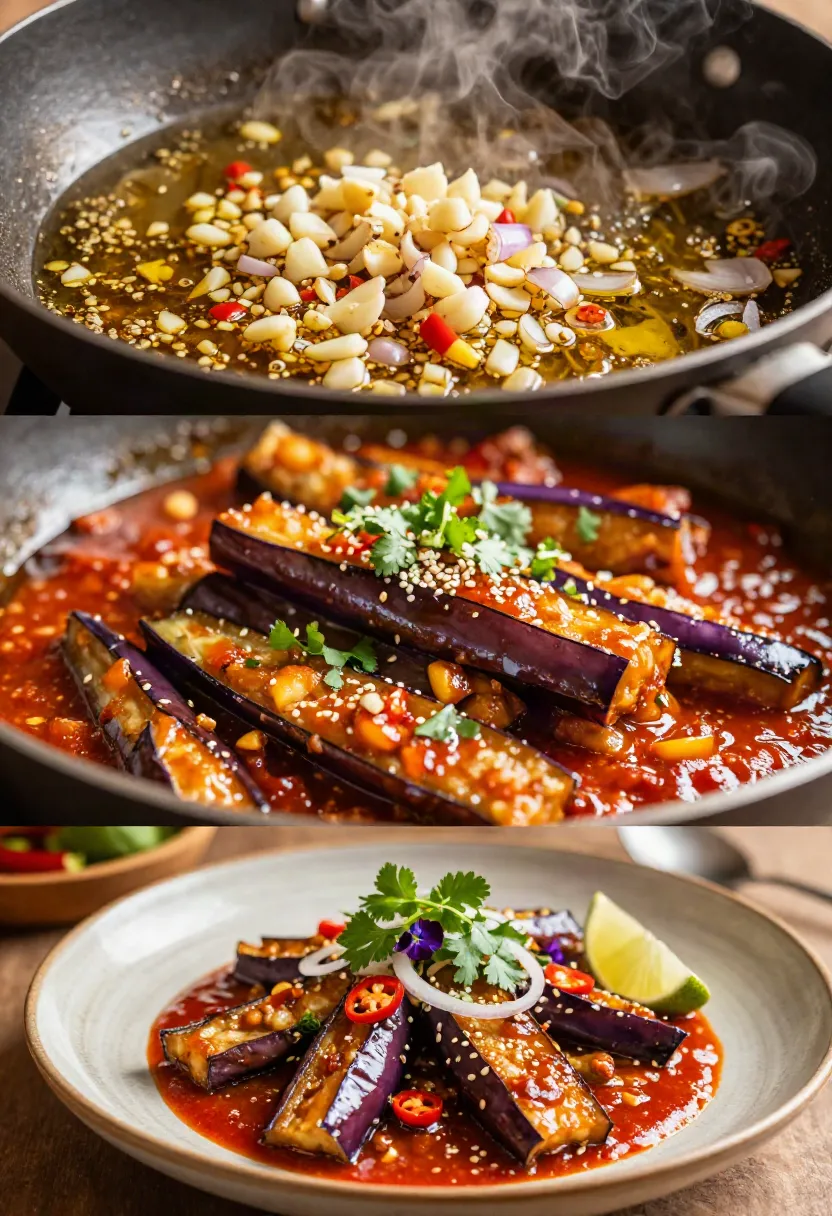 Three-step collage showing aromatic ingredients cooking, eggplant coated in glossy chili sauce, and a beautifully plated restaurant-style chilli eggplant.