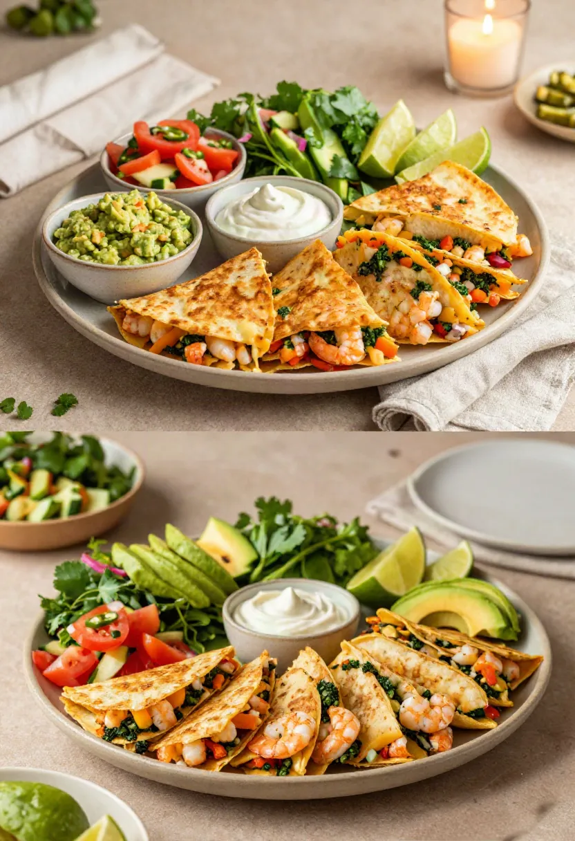 Shrimp and veggie tacos on a plate with lime, avocado, salsa, and sour cream garnish.