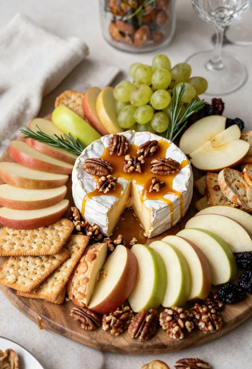 Caramel apple baked Brie served with apples, crackers, grapes, dried fruit, and fresh rosemary on a generous party platter.
