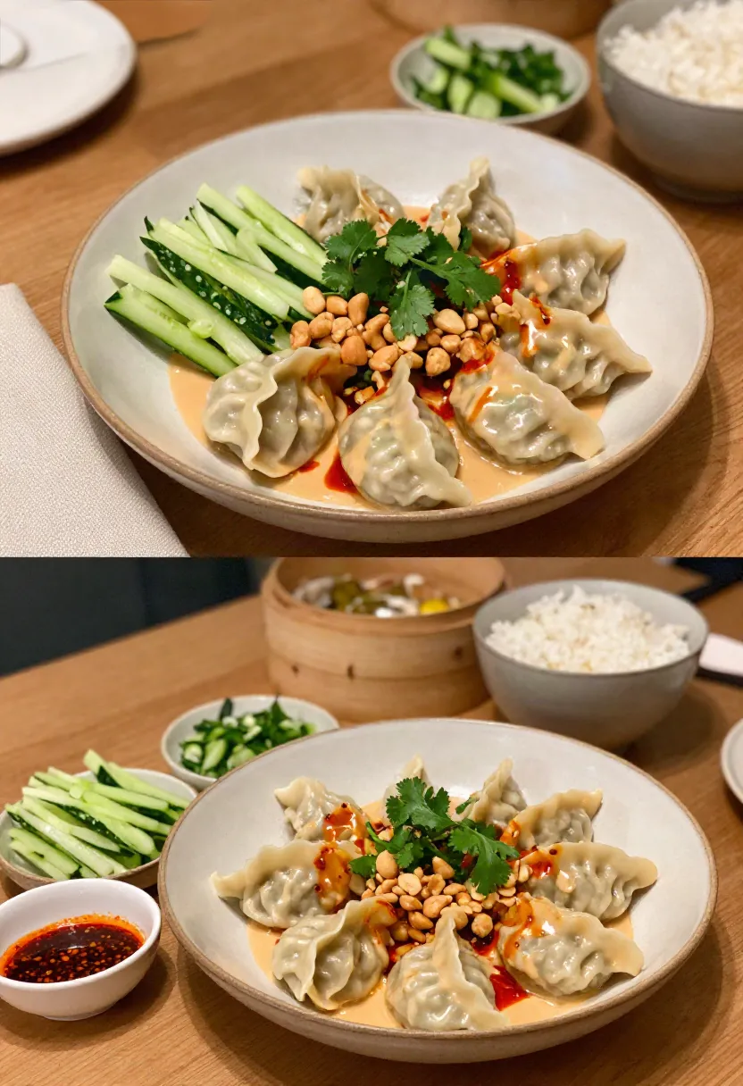 Plate of dumplings arranged in a circle with cucumber spears, chopped peanuts, and cilantro, finished with chili oil on a light sauce in the center.
