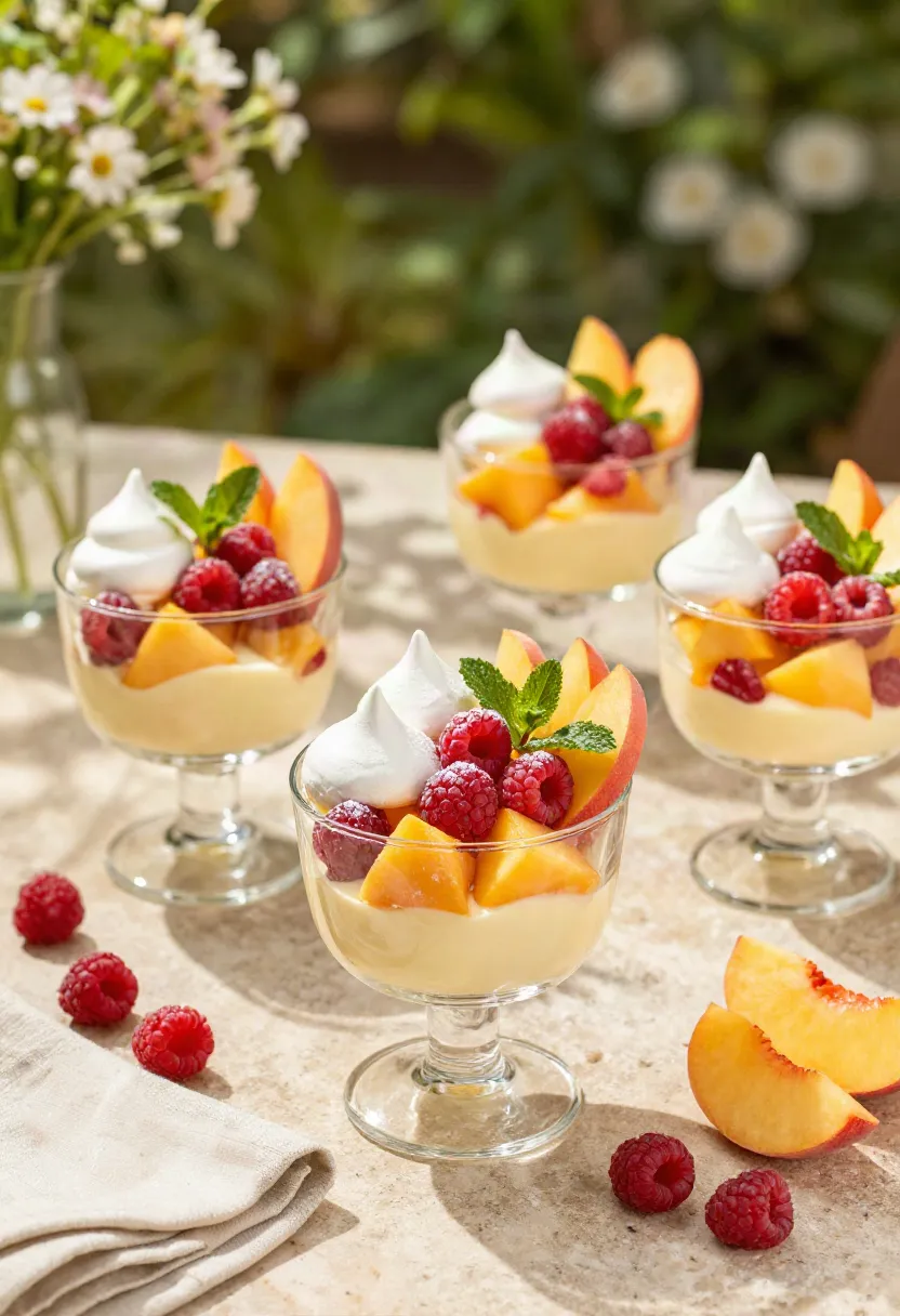 Peach and raspberry Eton Mess served in elegant glasses with fresh fruit, meringue, mint, and icing sugar.