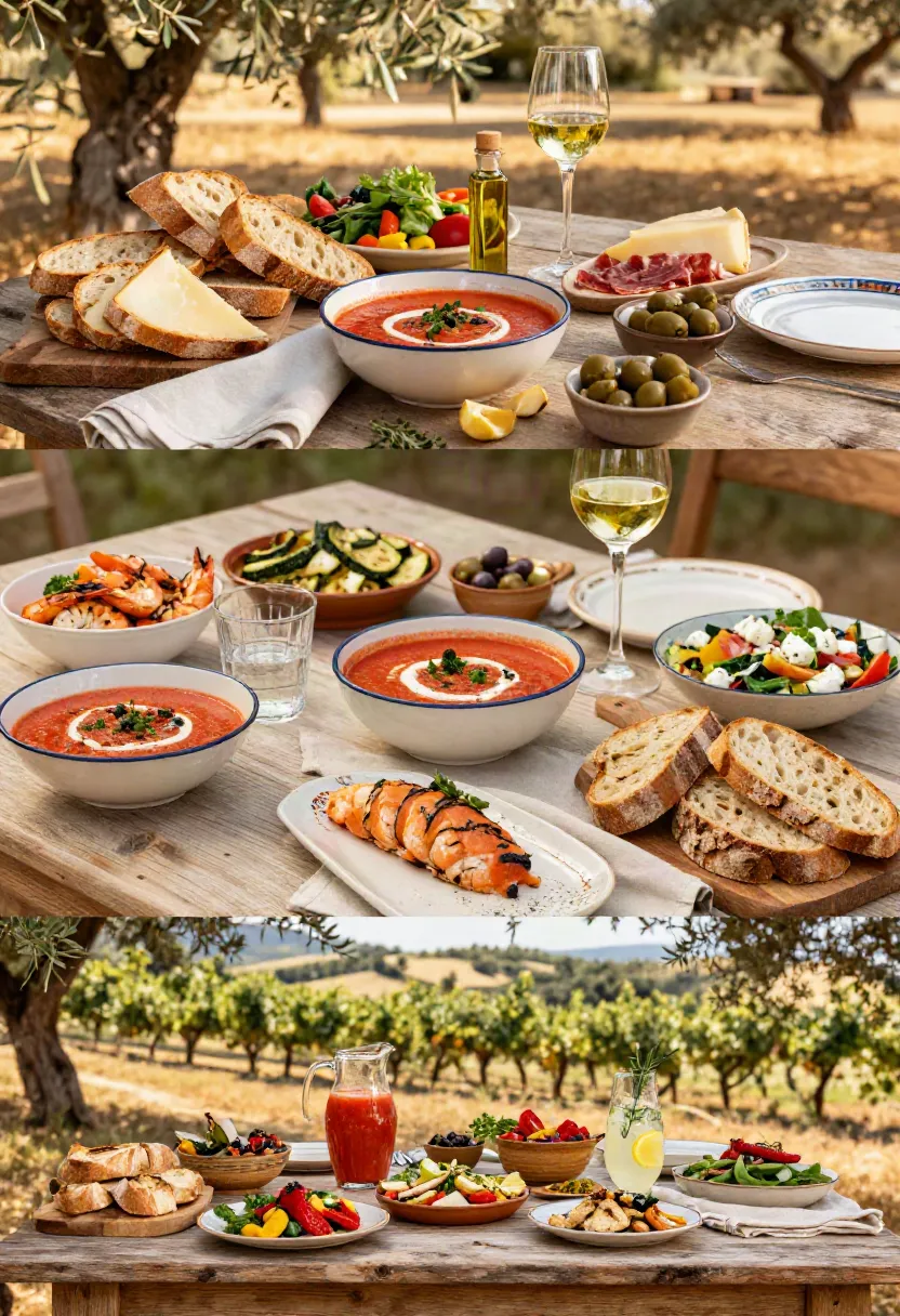A three-frame collage showing authentic gazpacho served with Mediterranean breads, tapas, grilled seafood, fresh salads, and summer side dishes in elegant outdoor settings.