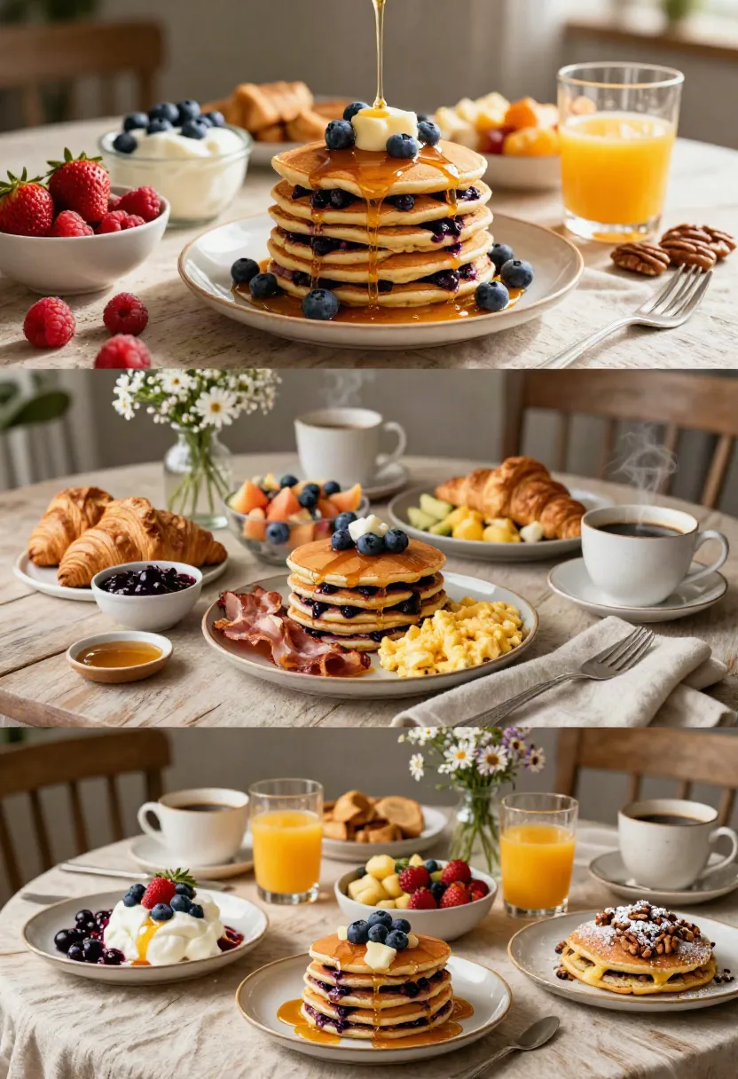 Blueberry pancakes served with fresh fruit, coffee, yogurt, maple syrup, and brunch favorites on a cozy weekend breakfast table.