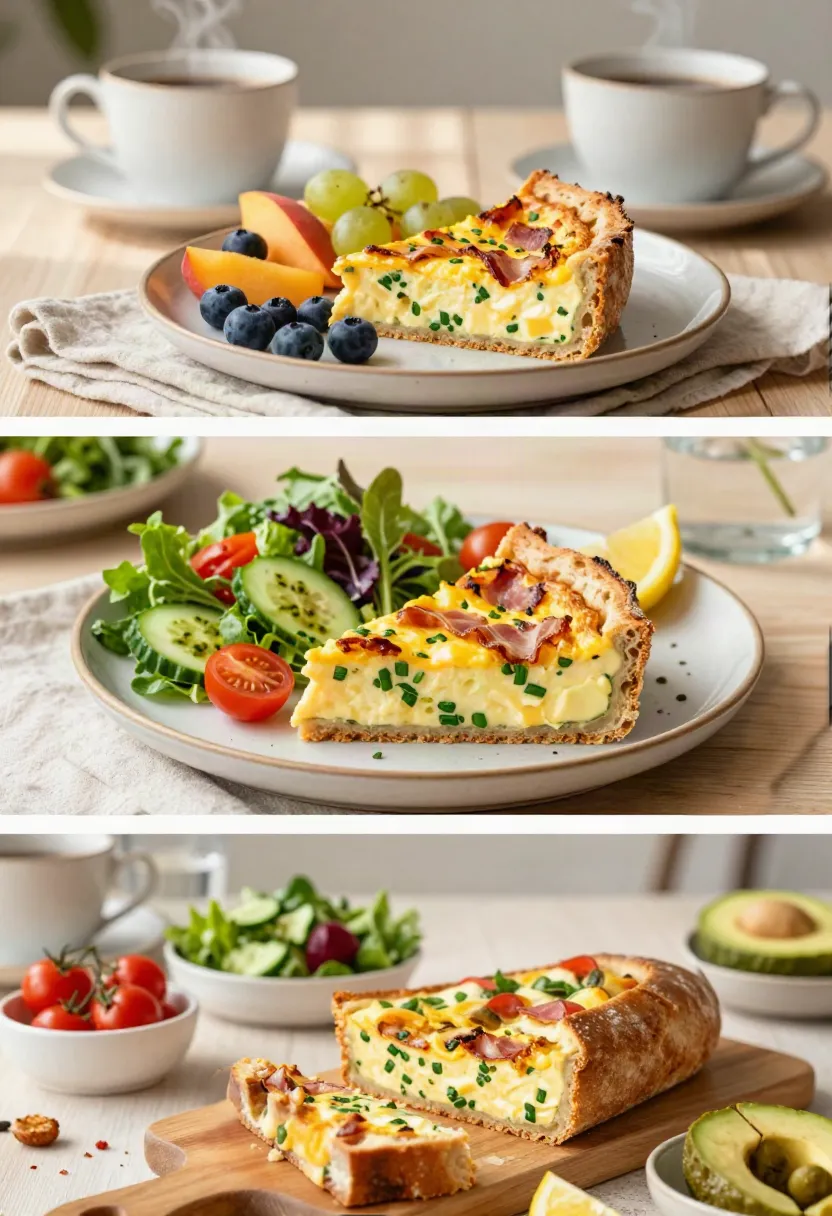 What to serve with breakfast quiche: Sourdough breakfast quiche served with fresh fruit, green salad, roasted vegetables, and coffee.