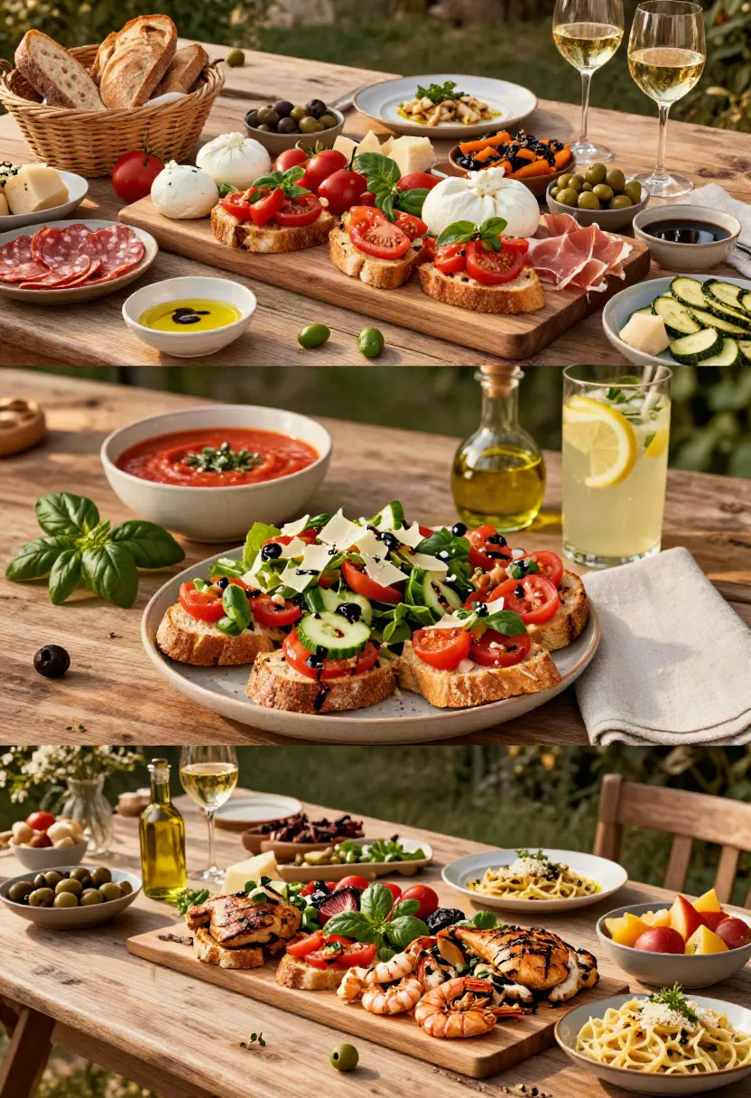 Outdoor table loaded with antipasti: bread basket, cheeses, olives, tomatoes, mozzarella, bruschetta, pasta, shrimp, and glasses of white wine.