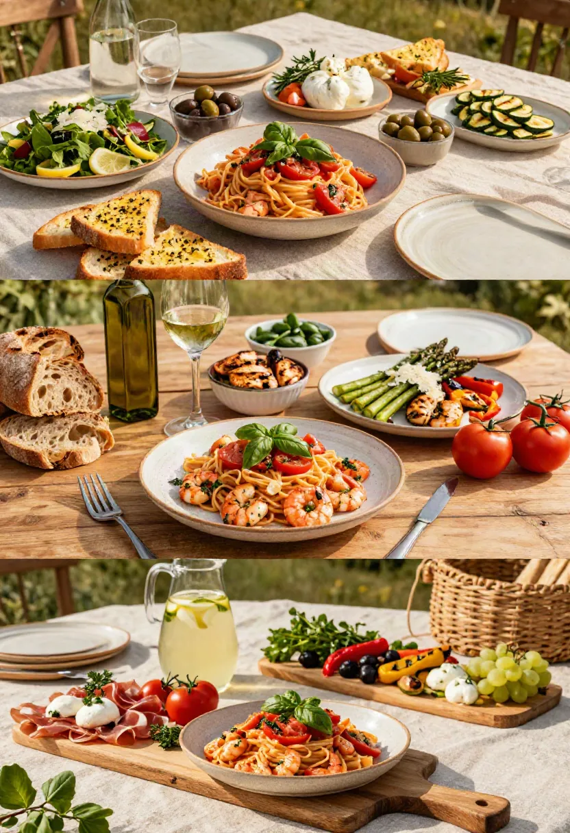 Bruschetta pasta served with fresh salads, burrata, grilled vegetables, artisan bread, and Mediterranean-inspired side dishes.