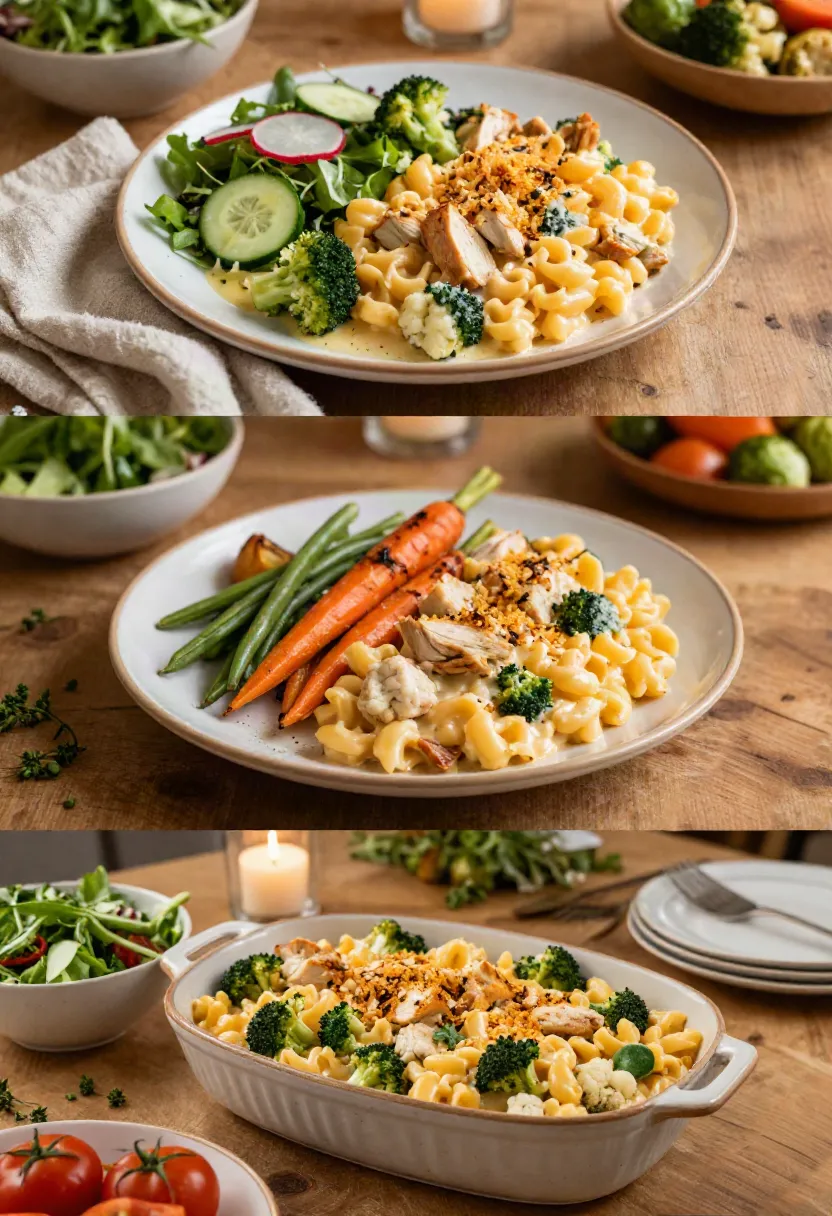 Creamy chicken pasta with broccoli and breadcrumb topping on a plate, with a side salad on a wooden table.