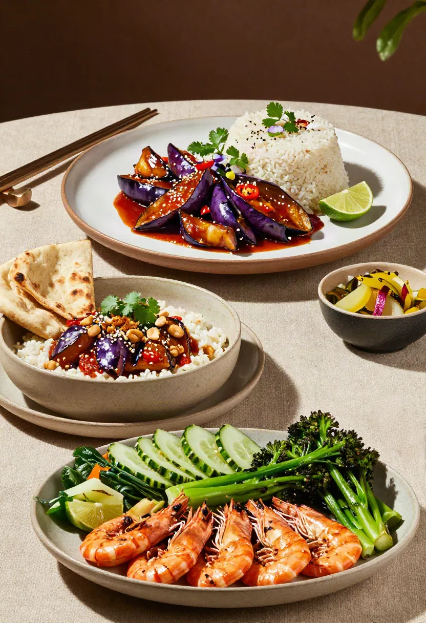 Three different serving ideas for chilli eggplant featuring jasmine rice, coconut rice with naan, and a vibrant platter with grilled prawns and fresh vegetables.