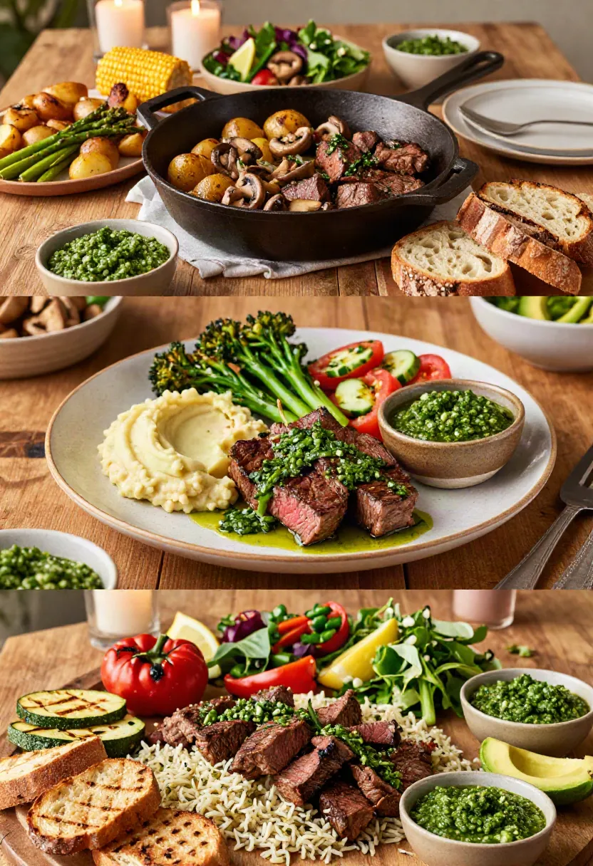 Three-panel dinner spread: cast-iron skillet with steak, mushrooms and roasted potatoes, plus side dishes in the background, including corn and salad.