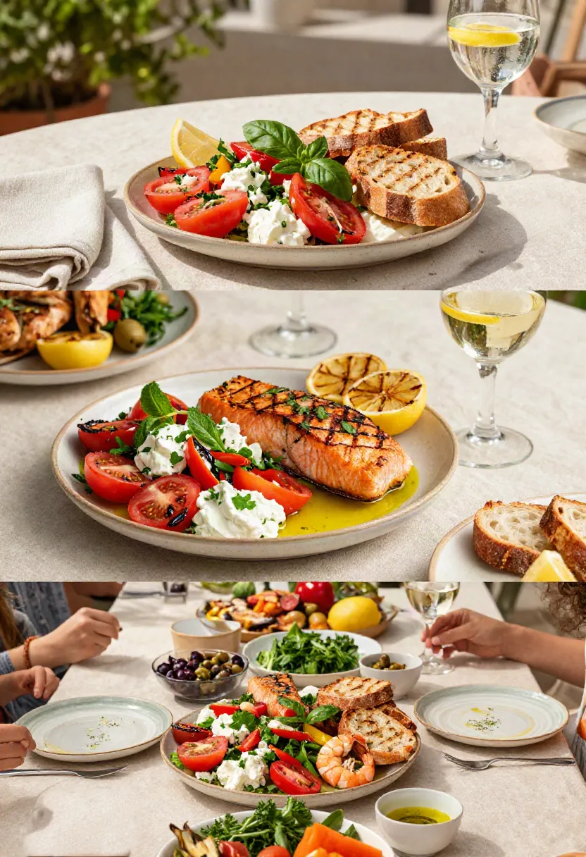 Three serving ideas for heirloom tomato salad featuring a light summer lunch, an elegant seafood dinner, and a beautiful family-style summer gathering.