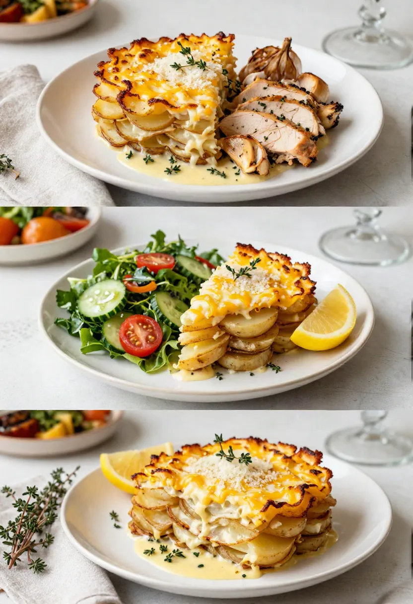 Golden top: Golden bubbling scalloped potatoes with melted cheddar, Parmesan, and fresh thyme.