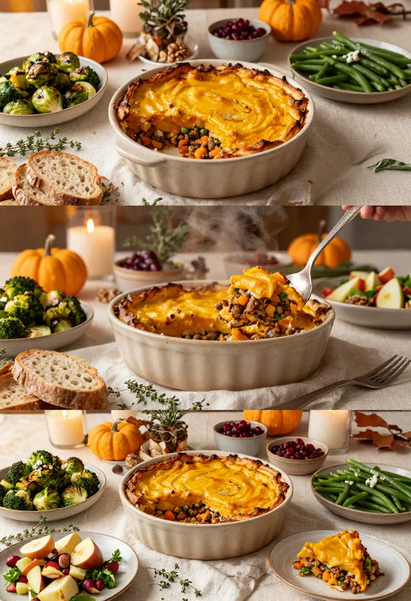 Spiced pumpkin shepherd's pie served with seasonal autumn side dishes in an elegant three-frame collage.
