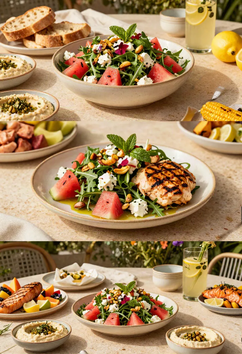 Watermelon arugula salad served with grilled chicken, Mediterranean sides, and fresh summer dishes.