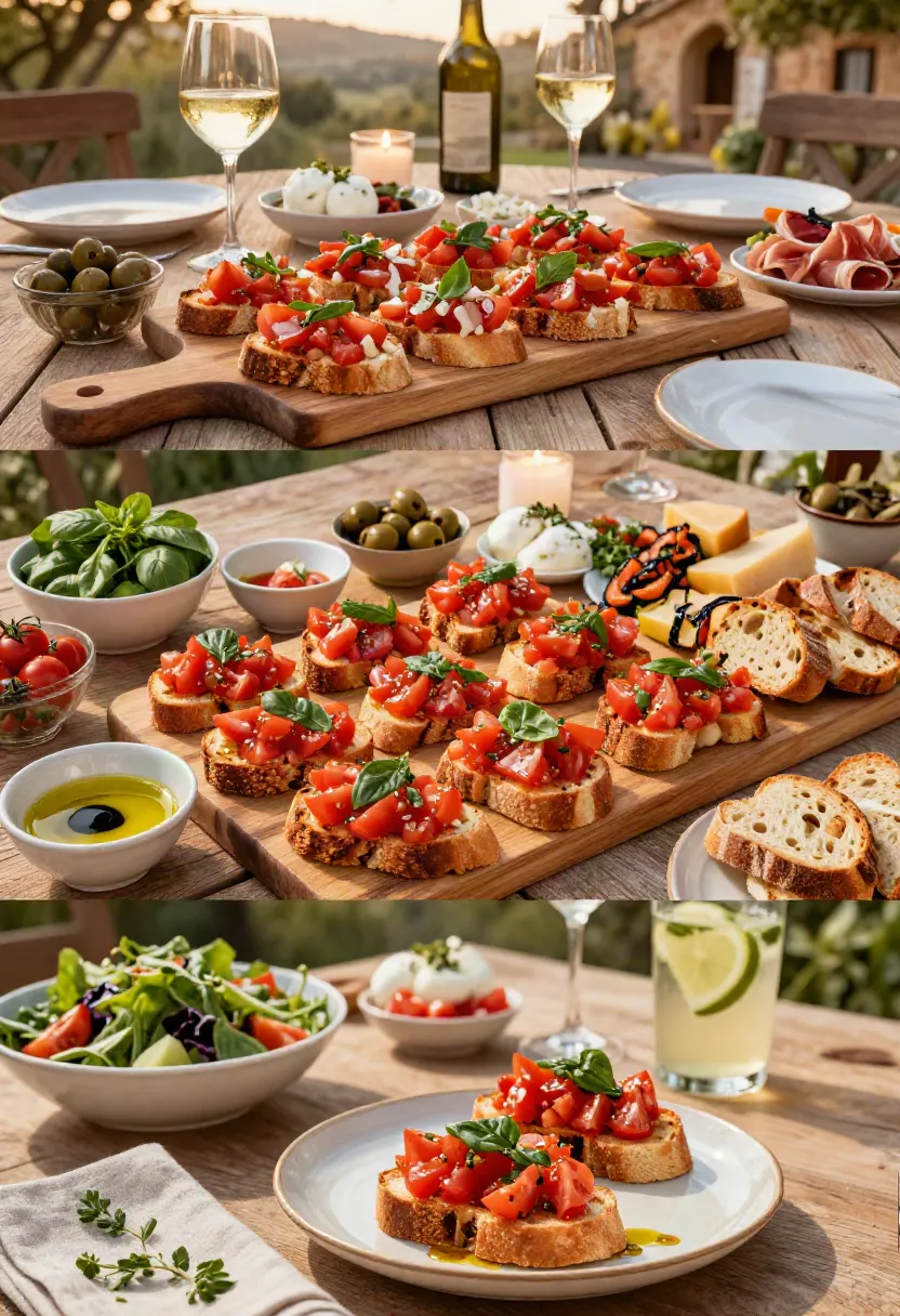 Bruschetta served on a rustic board with Italian appetizers, fresh salads, and summer entertaining dishes.