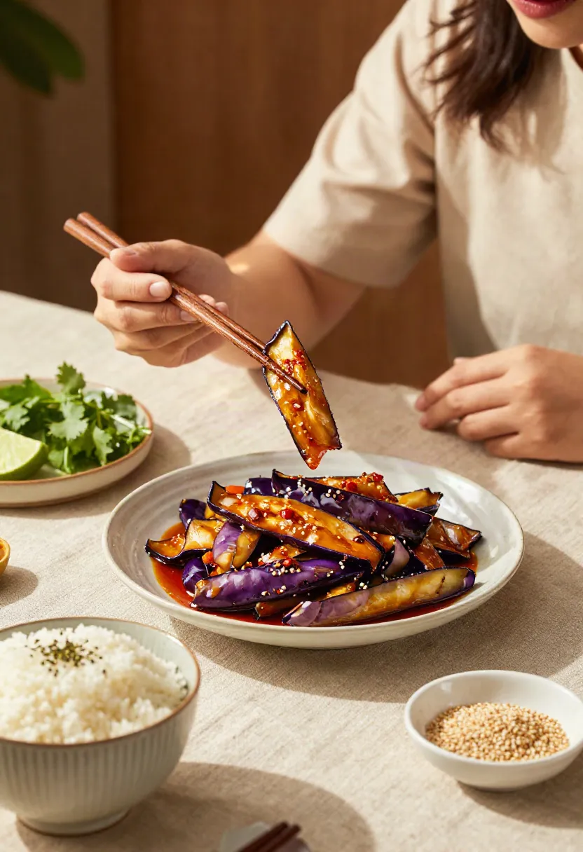 A person enjoying a beautifully plated serving of chilli eggplant with rice in a warm, relaxed dining atmosphere.