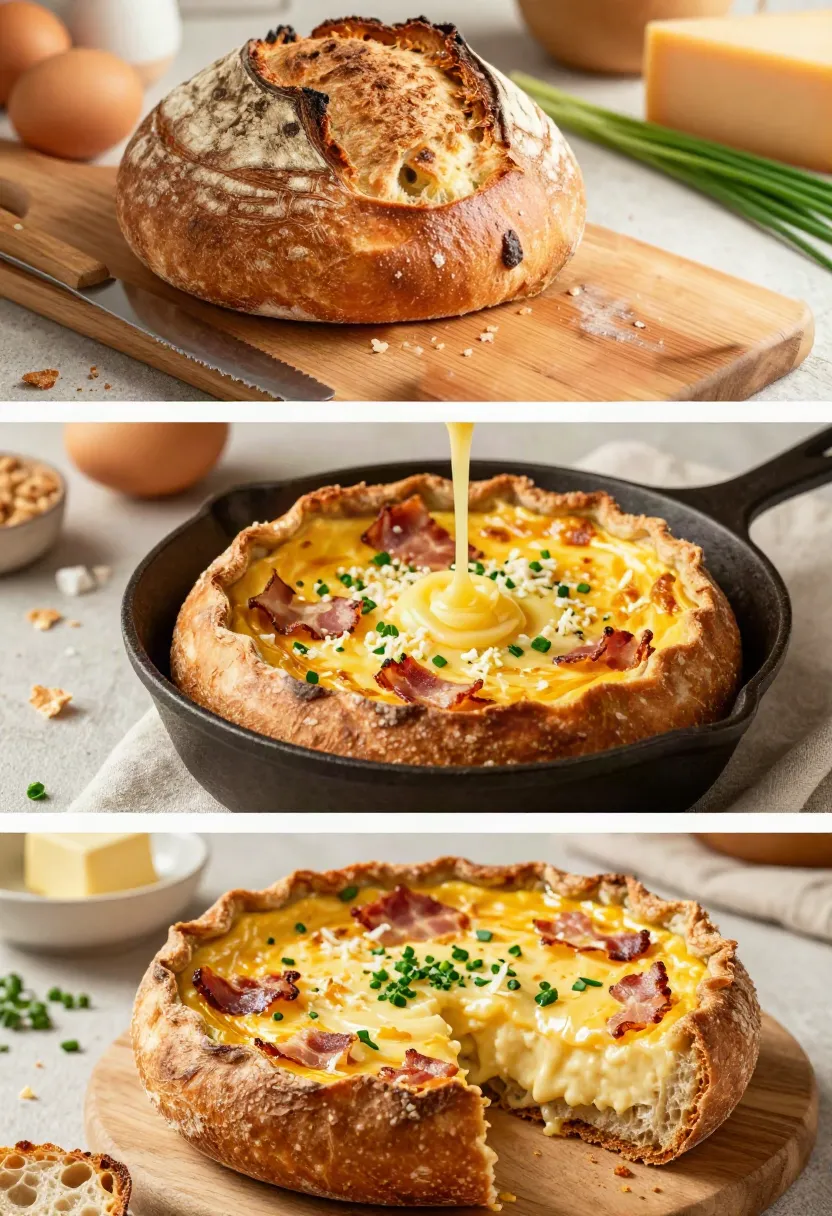 Round crusty loaf with a hollowed top sits on a wooden board beside a serrated knife, eggs and cheese in the background, ready to be filled.