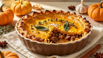Golden spiced pumpkin shepherd's pie with a creamy pumpkin topping and rich savory filling in a rustic ceramic baking dish.