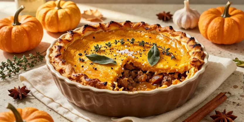Golden spiced pumpkin shepherd's pie with a creamy pumpkin topping and rich savory filling in a rustic ceramic baking dish.