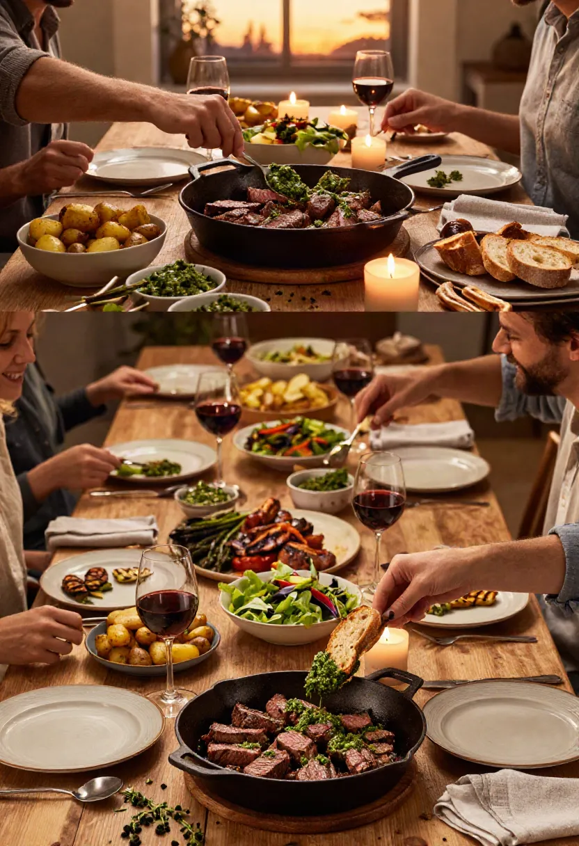 Cast-iron chimichurri steak bites served family-style with roasted vegetables, crusty bread, and vibrant herb sauce.