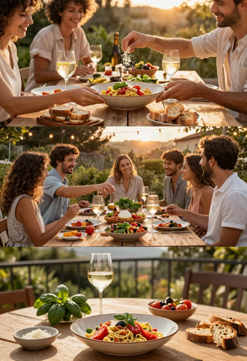 People enjoying fresh bruschetta pasta during relaxed summer lunches, outdoor dinners, and cozy Mediterranean-style gatherings.